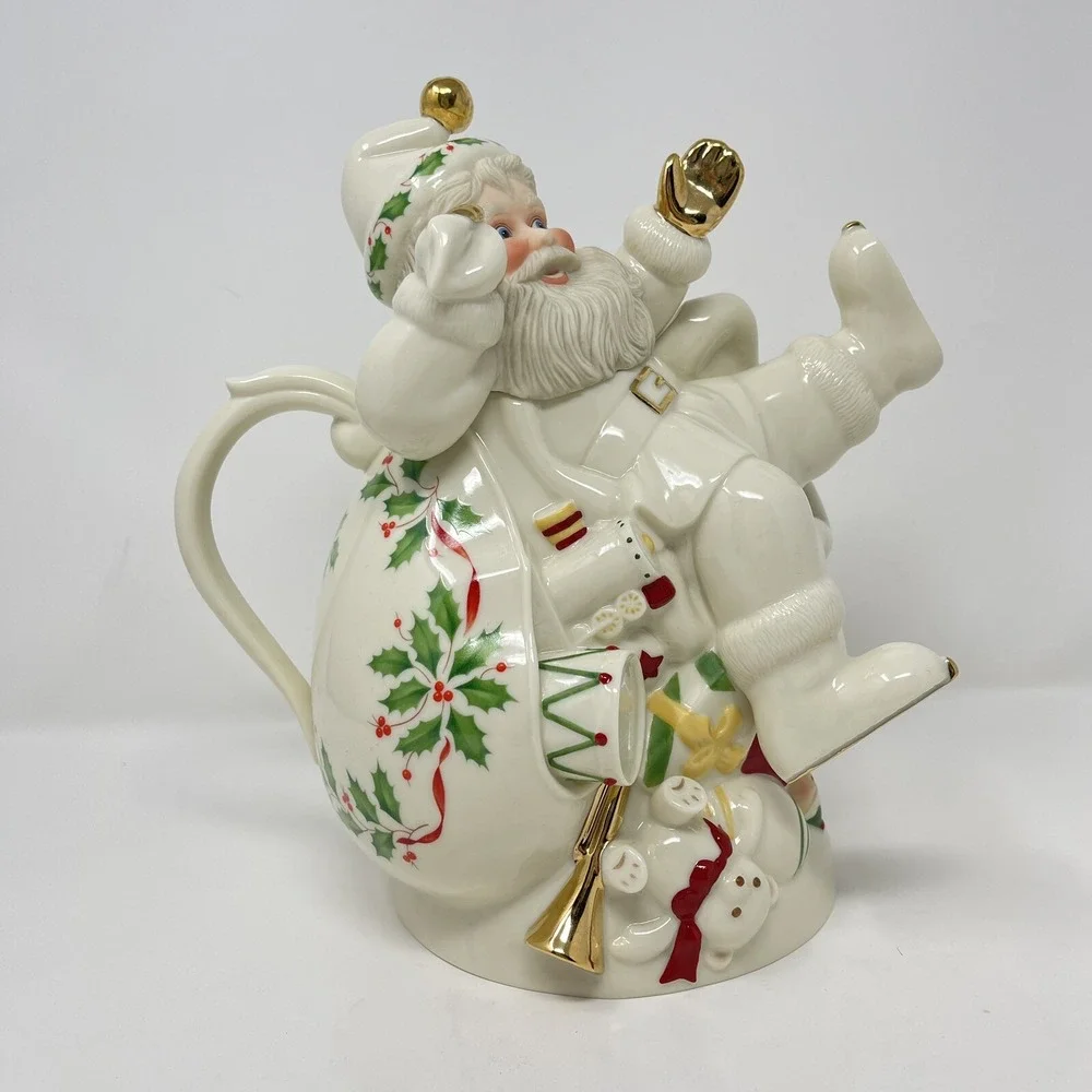 VTG Holiday Santa Collection Teapot By LENOX Skiing Santa‎ Claus 1999 Christmas
